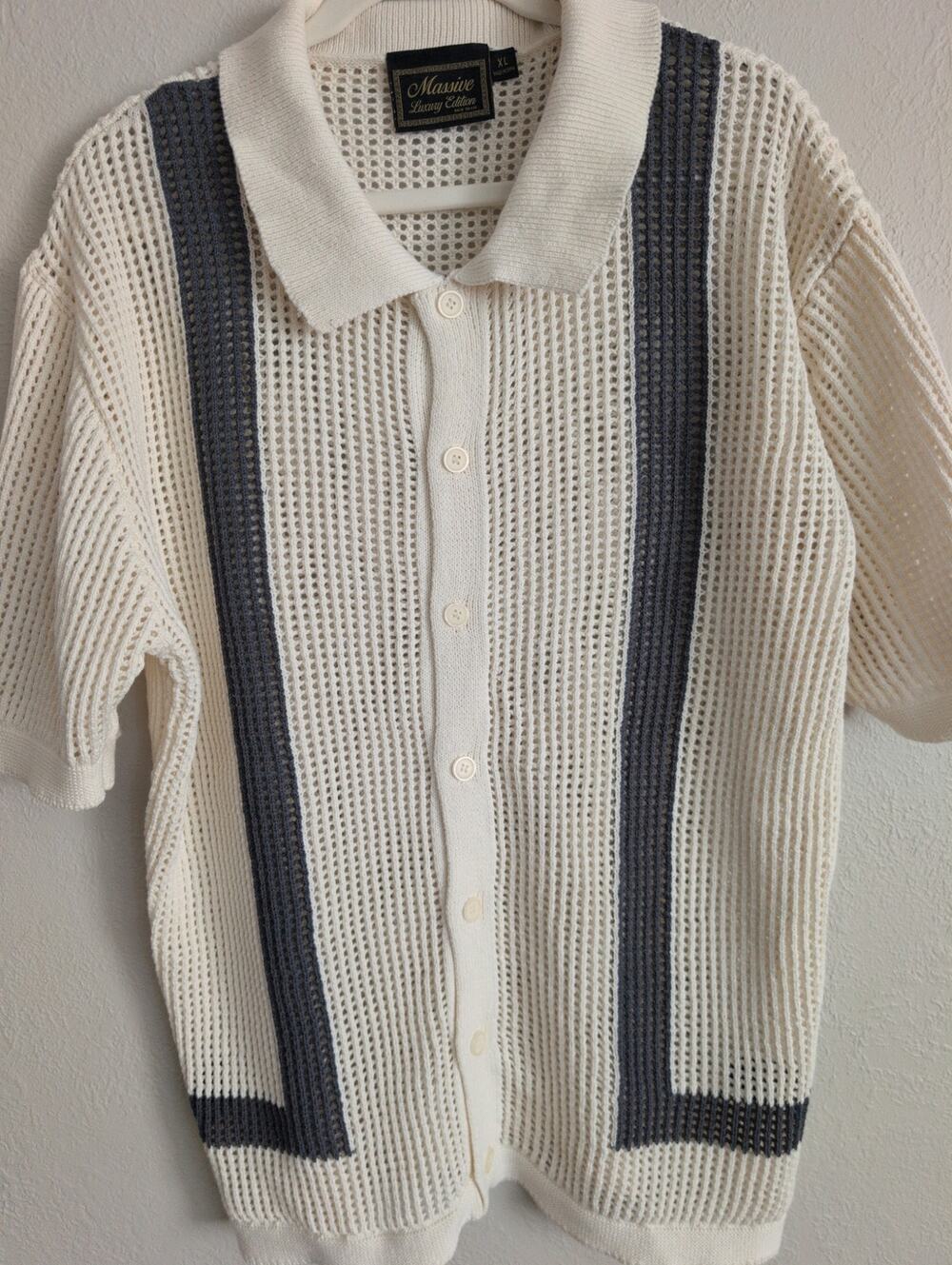 Massive Luxury Edition Mens Sweater XL Cream/Gray Knitted Crochet Resort Wear